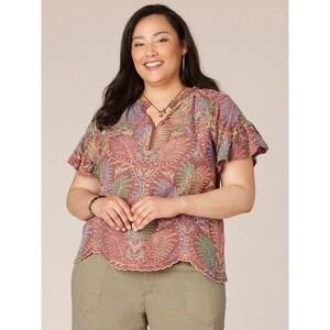 Democracy Embroidered Eyelet Blouse Womens PS Rainbow Resortwear Vacation Ruffle